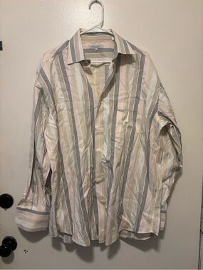 Striped Button-Down Shirt in Pastel Pink, Cream & Gray - Classic Collar